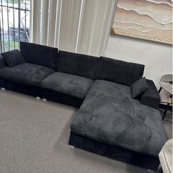New 113" Black Corduroy Fabric Sectional Sofa L-Shape Sofa