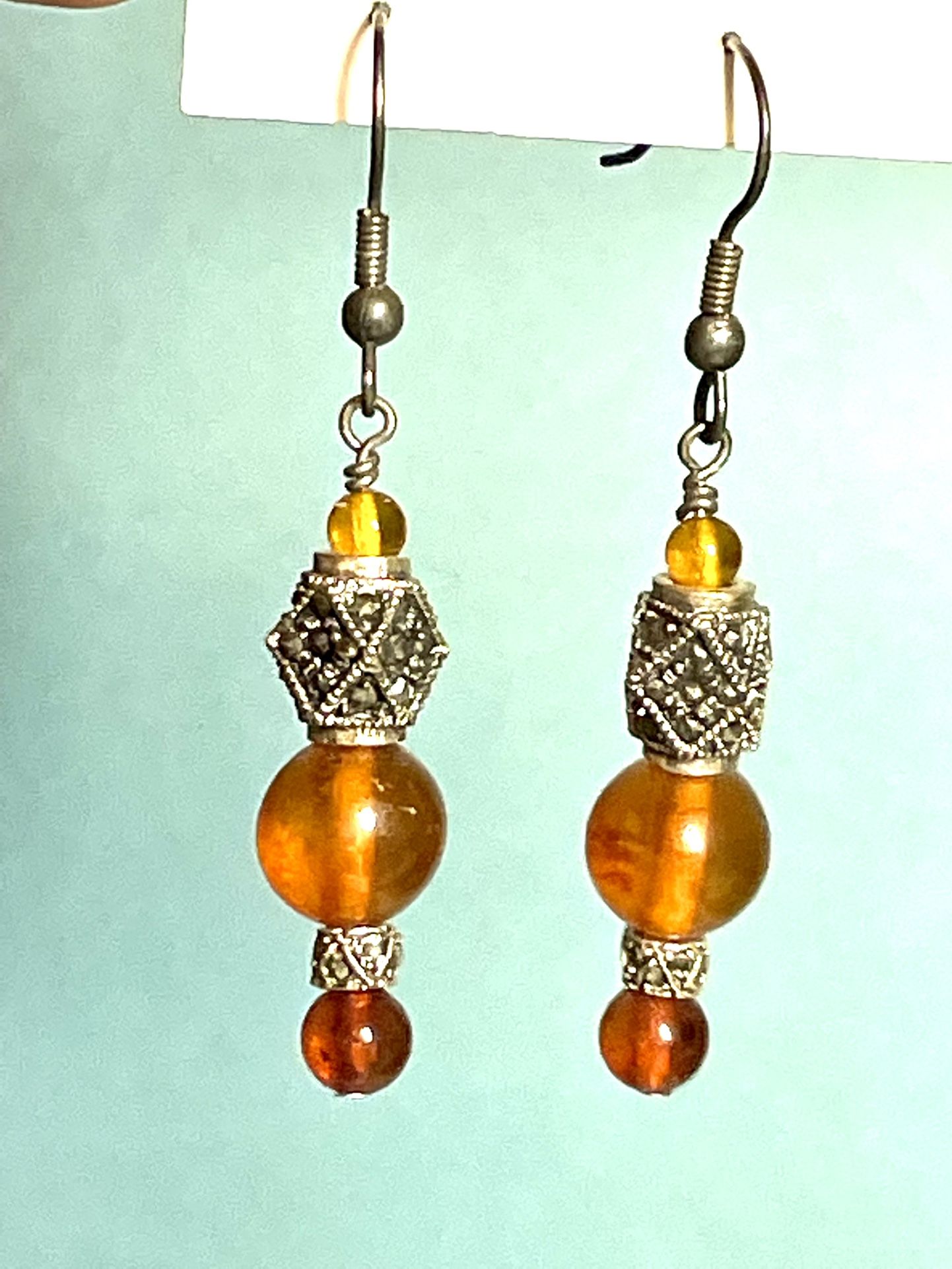 Sterling Marcasite Amber Earrings