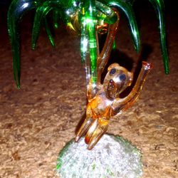 Hand Blown Colored Glass Monkey Hanging In Palm Tree 10 In Tall Thumbnail