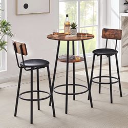 3-Piece Bar Table and Chairs Set for 2, Small 2-Tier Round Bistro Pub Dining Table & PU Upholstered Stools with Backrest, Counter Height Dining Table 