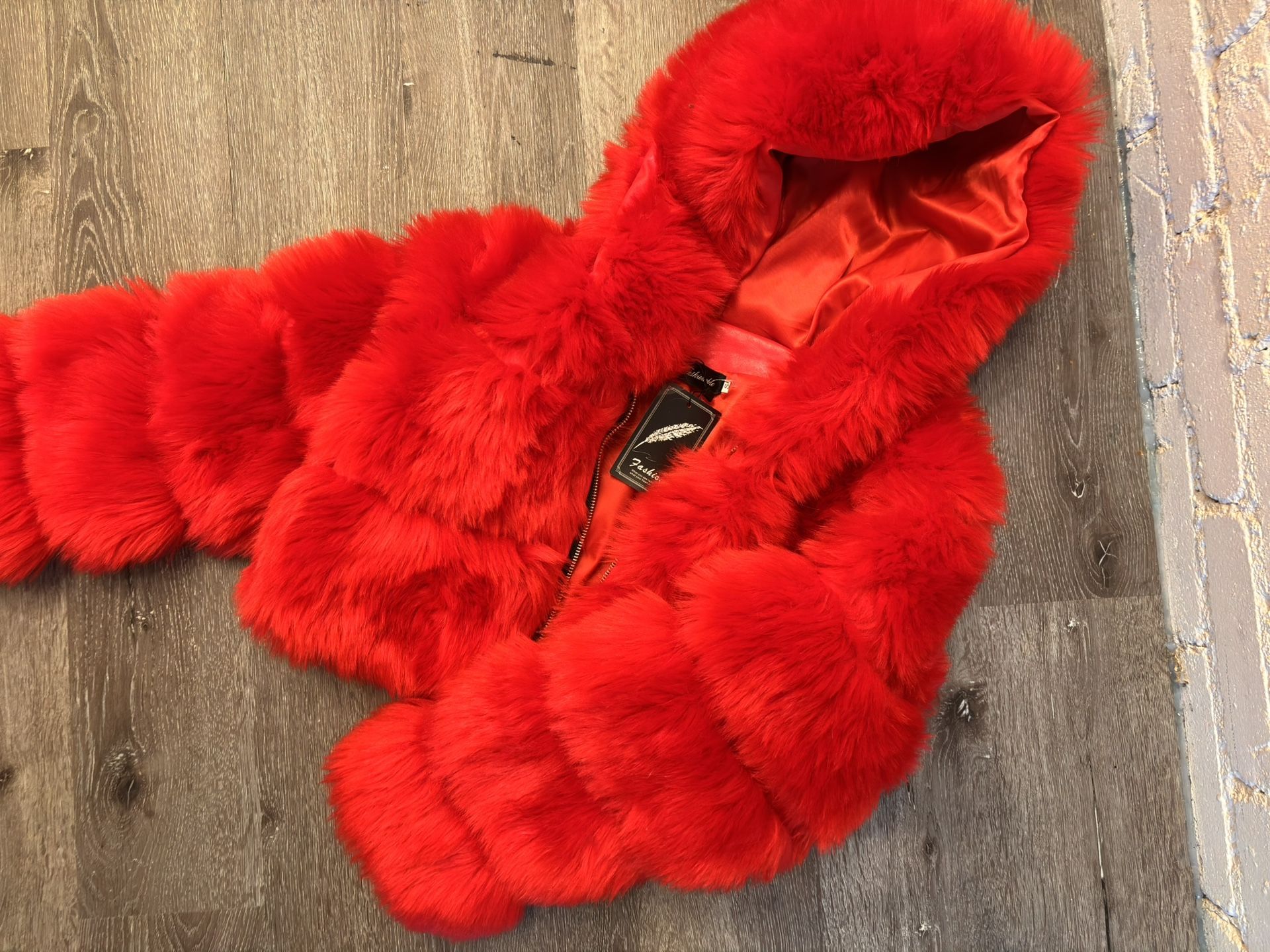 Red Faux Fur Crop Top Jacket