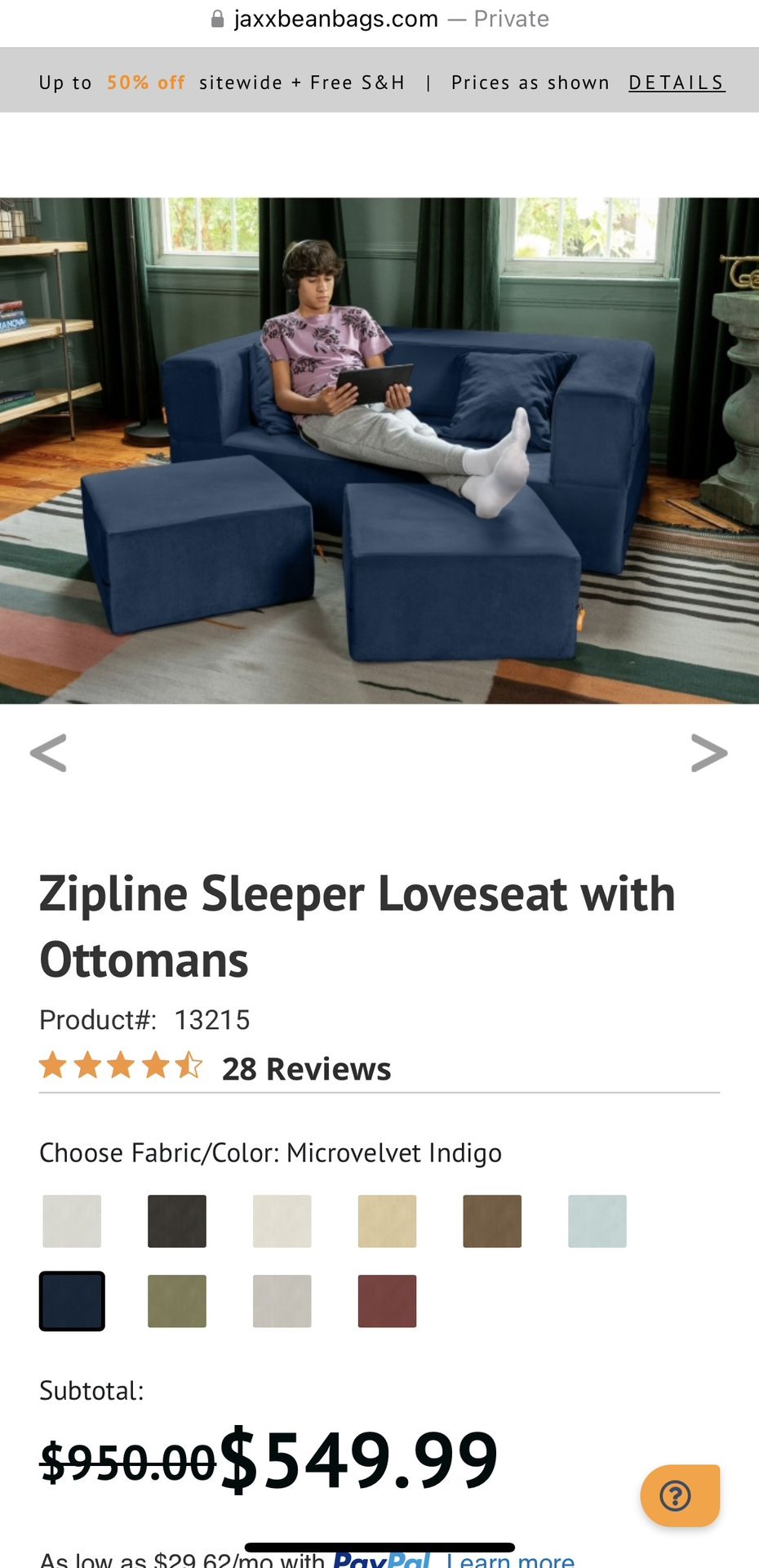Jaxx Zipline Sleeper Loveseat with Ottomans - Blue