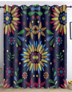 Mexican Folk Floral Pattern Boho Faux Embroidered 84” Thermal Blackout Curtain Panels 