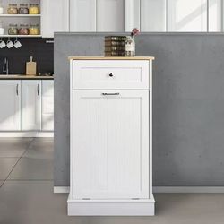 Kitchen Single Trash Cabinet Tilt Out Free Standing Storage Can with Hideaway Drawer and Countertop, Wood, white $50