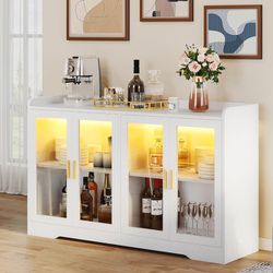YITAHOME Coffee Bar Cabinet w/LED Light, 55'' Storage Cabinet with 4 Glass Doors and Adjustable Shelves, Sideboard Buffet Cabinet with Storage for Kit
