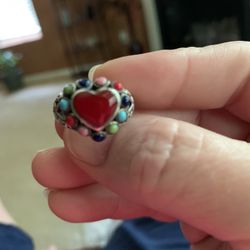 Beautiful Ring-925 Sterling Silver Heart Shaped Center Stone Ring; surrounding Colorful Stones and Heart Design Band. About a size 6-6.5? Looks New st