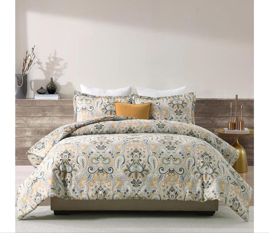 Finlonte Damask King Comforter Set, 100% Cotton Paisley Floral - New