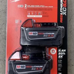 Milwaukee 2PK M18 Batteries 5.0. Brand NEW.  NUEVO.