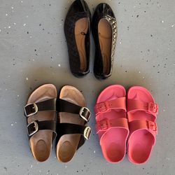 Women's Size 7 Shoe Bundle Two Pairs Flatbed Sandals+One Pair Ballet Flats