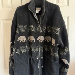 Vintage black & white bear print zip up fleece jacket Size xL