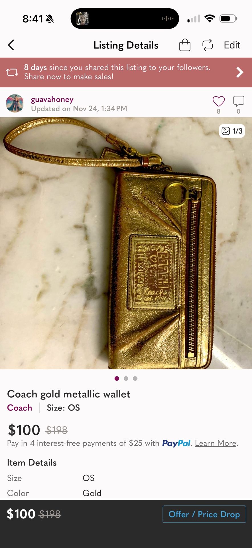 Gold Metallic Coach Wallet Wristlet