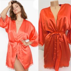 New Victoria’s Secret Kimono Robe Lingerie Cover Up Coral Orange Satin Medium