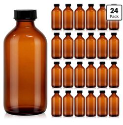 24 Pack 8 oz Amber Glass Boston Round Bottles with Polycone Caps Airtight Seal, Leak-Proof Design, for Vanilla Extract,Kombucha Brewing, Essential Oil