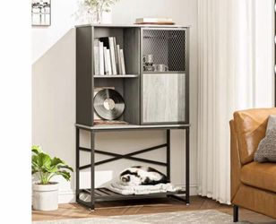 Bestier Industrial Buffet Cabinet with Sliding Mesh Doors, Adjustable Shelves, Wine Glass Rack, Multifunctional Storage Sideboard, Retro Grey Oak (EF8