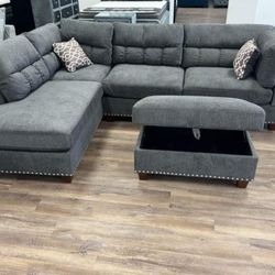 Brand New Grey Velvet Like Sectional Sofa +Storage Ottoman (New In Box {