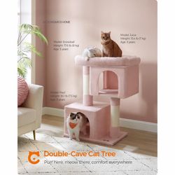Cat Tree 40.6-inch Tower Plush Condo For Extra Large Cats Up To 44 Lb Perch 2 Caves Pink Upct614p01