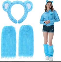 2 Pcs Halloween Bear Costume Accessories Set Bear Ear Headband Faux Fur Leg Warmer for Women Costume Cosplay Party(Lake Blue)