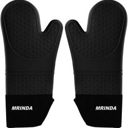 Oven Mitts Professional Silicone Kitchen Gloves Heavy Duty Cooking Hot Mitt Heat Resistant Oven Gloves with Non-Slip Surface (Black)