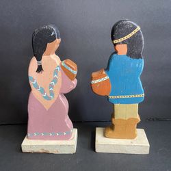 Pair Handcrafted Wooden Native American Figures Folk Art Southwest Decor 8”