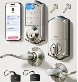 Veise VE017-L Fingerprint Smart Lock with 2 Lever Handle Set, Satin Nickel App Control, Remote Access Sharing, Key Fob, Auto Lock, Backlit Touchscreen
