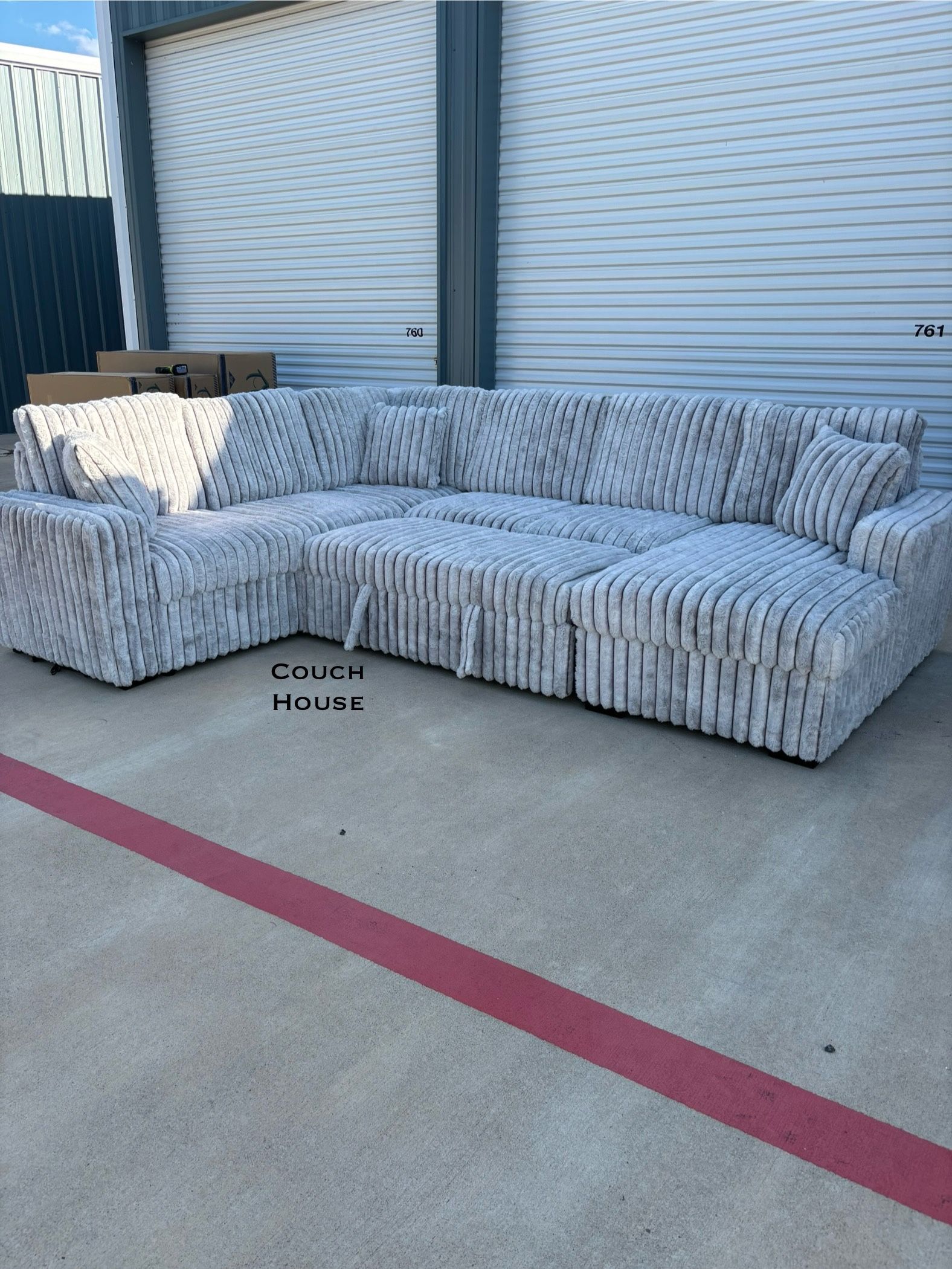 Grey Fluffy Sectional Couch With Pop Up Bed & Storage 