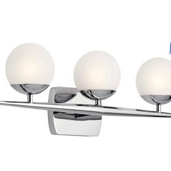 NIB Kichler Jasper 24.5" Halogen Vanity Light in Chrome, 3-Light Mid Century Bathroom Vanity with Satin Etched Cased Opal Glass, (24.5" W x 7.75" H), 