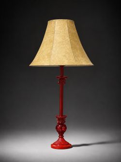 Glossy Red Table Lamp with Textured Beige Shade – 32” Tall
