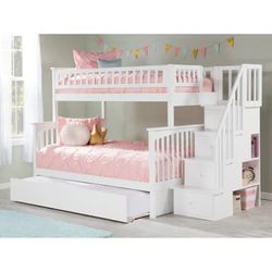 BRAND NEW Solid Wood Twin over Full White Columbia Staircase Bunk Bed with Drawers ($2k on Amz)