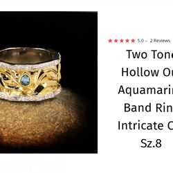 Two Tone Aquamarine & CZ Band Ring, Sz.8