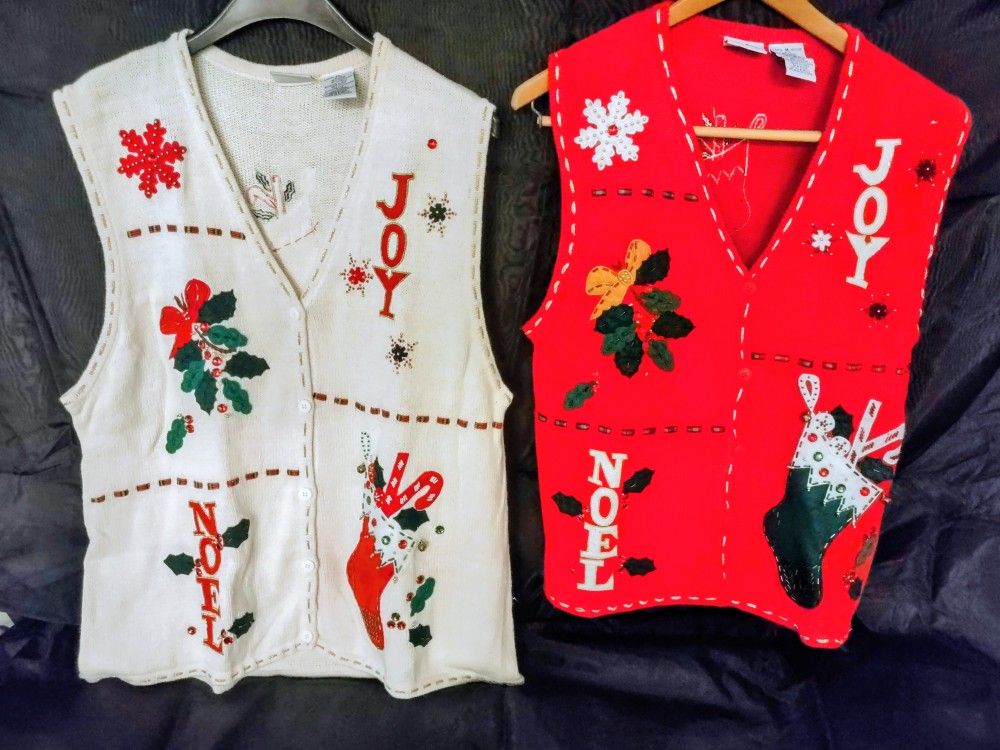 A Pair Of 1980's Real Ugly Women's Christmas Button Up Sweater Vest