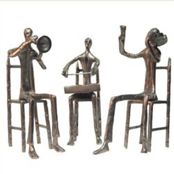 metal sculpture trio of brutalist musician figures 8"