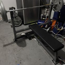 Weight Bench 300+ Pounds Of Weights Olympic Regular And Curl Bar And Weight Rack