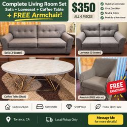 Complete Living Room Set – Sofa, Loveseat, Coffee Table + FREE Chair