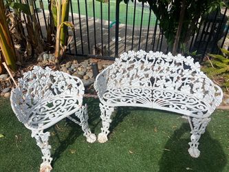 Vintage White Cast Iron Grape Vine Patio Bench & Chair Set