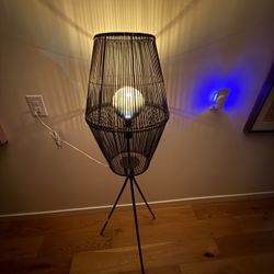 Diamond Tripod Floor Lamp Black with Rattan Shade