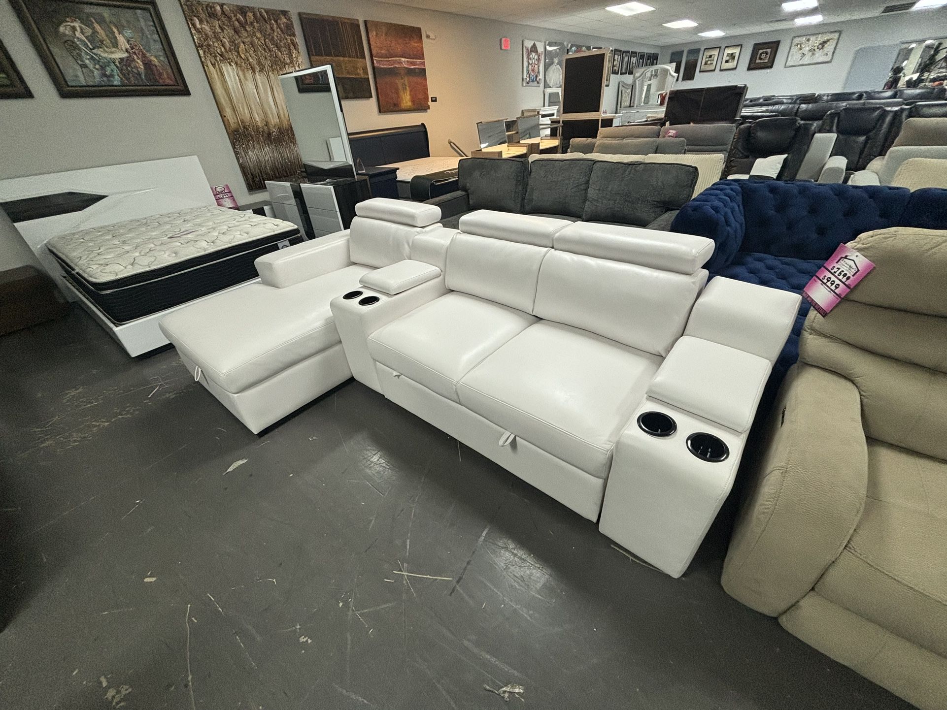 SLEEPER SOFA WITH ADJ HEADREST, CUP HOLDERS AND A CHAISE ON MASSIVE LIQUIDATION SALE STORE CLOSING ONLY$1299