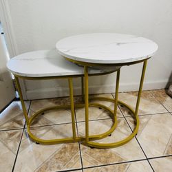 Costway Nesting Coffee Table Round Faux Marble Sofa Bedside End Table Metal Frame Home Living Room