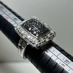 OTC .925 Sterling Silver Black & White Diamond Halo Ring Women’s Size 7.5