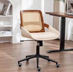 Home Office Desk Chair with Ergonomic Rattan Backrest, Walnut Crafts, Curved Arms, Faux Leather, Cas