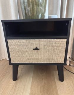 Ashley’s Furniture Black Nightstand with Printed Rattan Drawer
