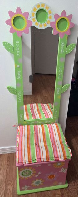 Kids Flower Vanity Mirror with Storage Stool