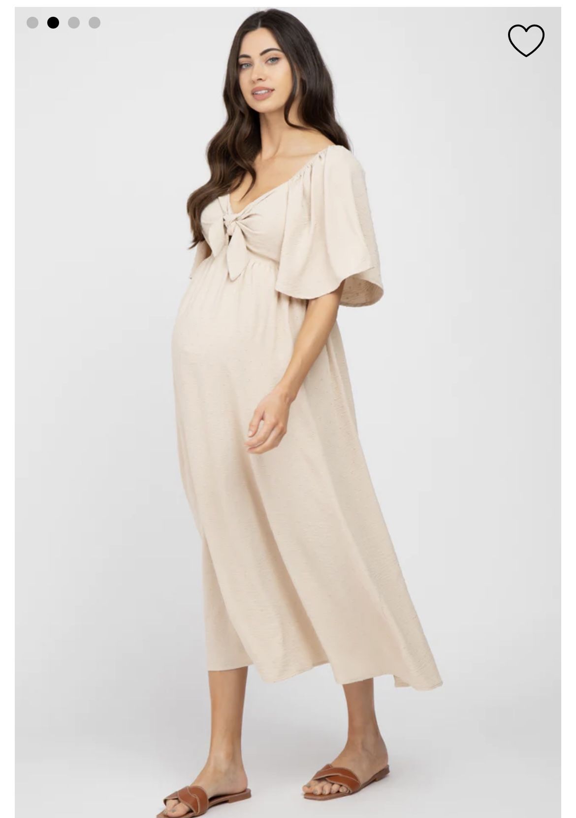 Beige Textured Dot Front Tie Ruffle Maternity Midi Dress