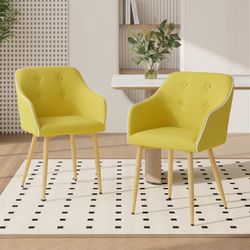 Dining Chairs Set of 2, Mid-Century Modern Chairs with Thick Cushions and Wood Legs, Yellow