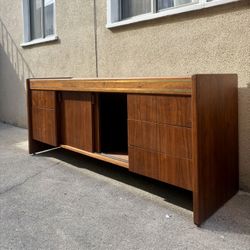 Early 70s Solid Walnut Credenza – 5 Drawers + Sliding Doors