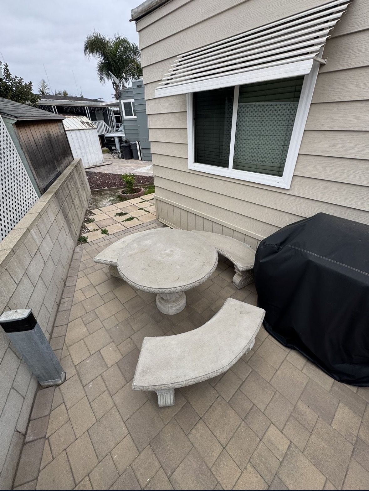 CEMENT PATIO SET TABLE AND BENCHES I