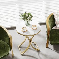 Tribesigns White and Gold End Table Small Round Faux Marble Sofa Side Table (1)