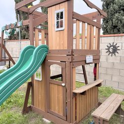 Wood Swing Set w/ Slide & Playhouse