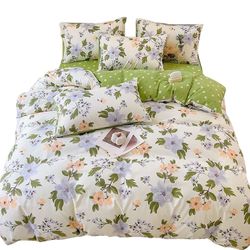 Floral Cotton Duvet Cover Set Queen Orange Flower Green Leaf Garden, Bedding 3 Pcs Comforter Cover 2Pillowcases Zipper Closure Soft Breathable Comfy