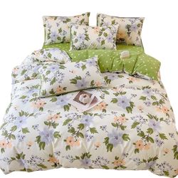 New Floral Cotton Duvet Cover Set Queen Orange Flower Green Leaf Garden, Bedding 3 Pcs Comforter Cover 2Pillowcases Zipper Closure Soft Breathable