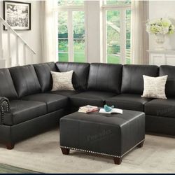 Sectional Sofa Black Bonded Leather Couch Reversible  L/R